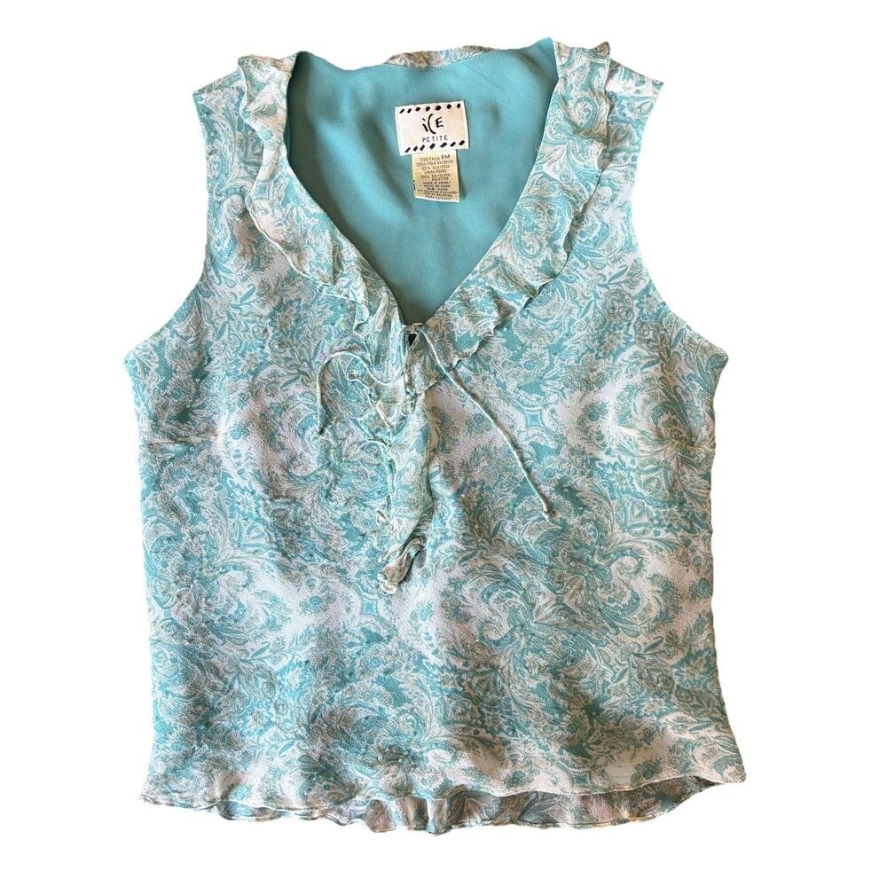 Vintage Y2k Silk Beaded Babydoll Top V Neck Teal Size XS/S? Ruffles Floral